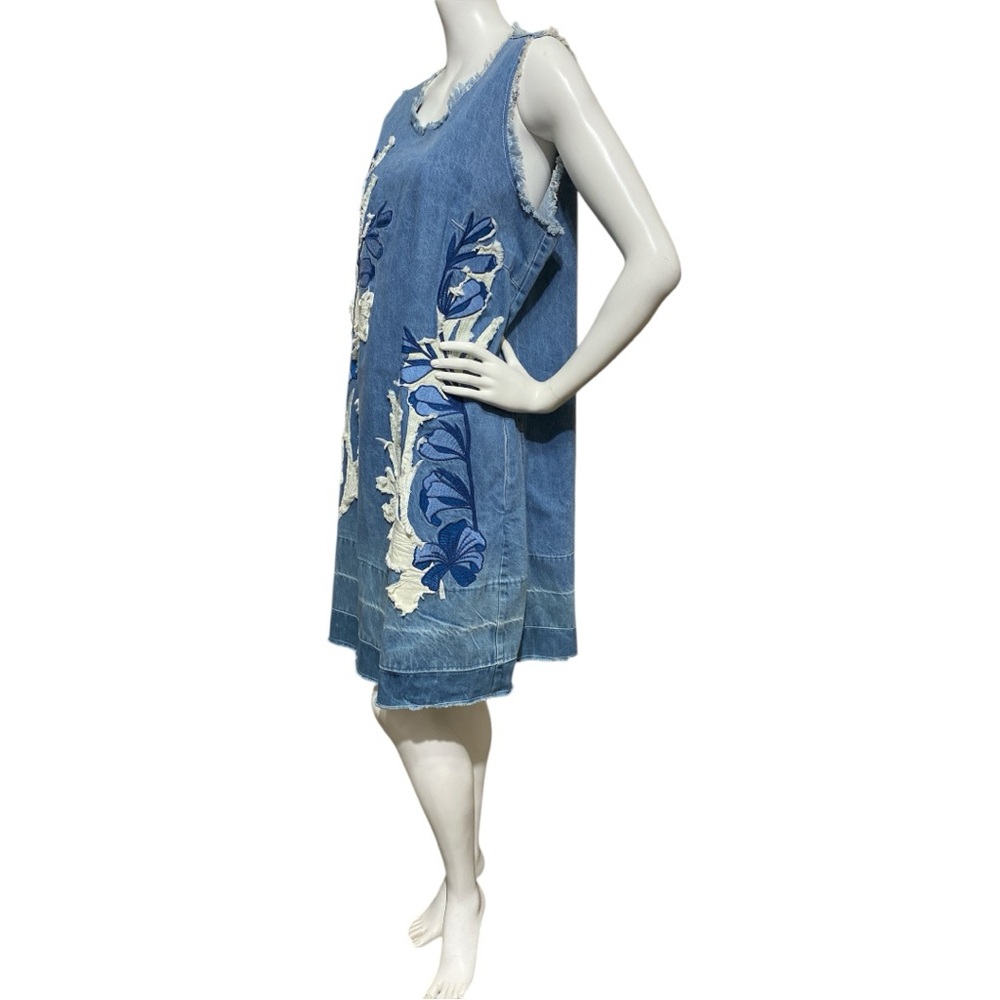 Anthropologie Dor Dor Couture Denim Dress Floral Applique Fray Sleeveless XLarge - Picture 7 of 16
